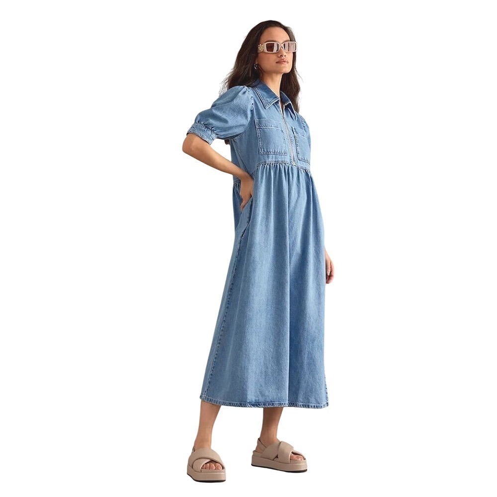 Anthropologie x ALIGNE Gabriella Midi Dress Blue Denim Puff Sleeve Zip Front 2